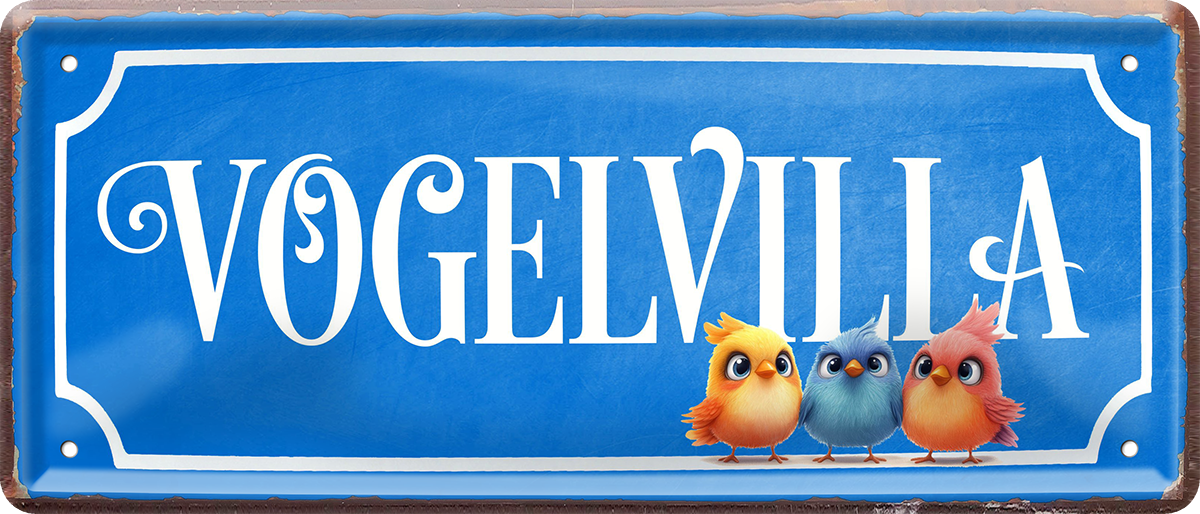 4252024253627		 ''Vogelvilla''
Schilderstore24 Blechschilder sind perfekt als Geschenk zu Weihnachten, Geburtstage, Feiern, Partys, Grillabende, Namenstag, Feiertag, Mädelsabend, Hochzeit. Jederzeit stilvoll im Wohnzimmer, Partykeller, Garage, Praxis, Büro, Café, Hauseingang Küche Haushalt Willkommen Eigenheim heim essen haus kochen herzlich Zuhause putzen