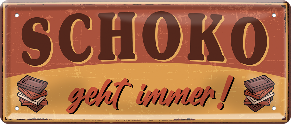 4252024253344		 ''Schoko geht immer!''
Schilderstore24 Blechschilder sind perfekt als Geschenk zu Weihnachten, Geburtstage, Feiern, Partys, Grillabende, Namenstag, Feiertag, Mädelsabend, Hochzeit. Jederzeit stilvoll im Wohnzimmer, Partykeller, Garage, Praxis, Büro, Café, Hauseingang Lebensmittel Kultur Leibspeise Bier tradition essen speise hausgemacht wurst deftig