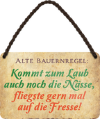 4252024242706	Schilderstore24 	 ''Alte Bauernregel zum Laub die Nässe fliegst auf Fresse'' Schilderstore24 Blechschilder sind perfekt als Geschenk zu Weihnachten, Geburtstage, Feiern, Partys, Grillabende, Namenstag, Feiertag, Mädelsabend, Hochzeit. Jederzeit stilvoll im Wohnzimmer, Partykeller, Garage, Praxis, Büro, Café, Hauseingang Sarkasmus Ironie Funny Schwarzer Humor faul dumm fun rente lästern teufel