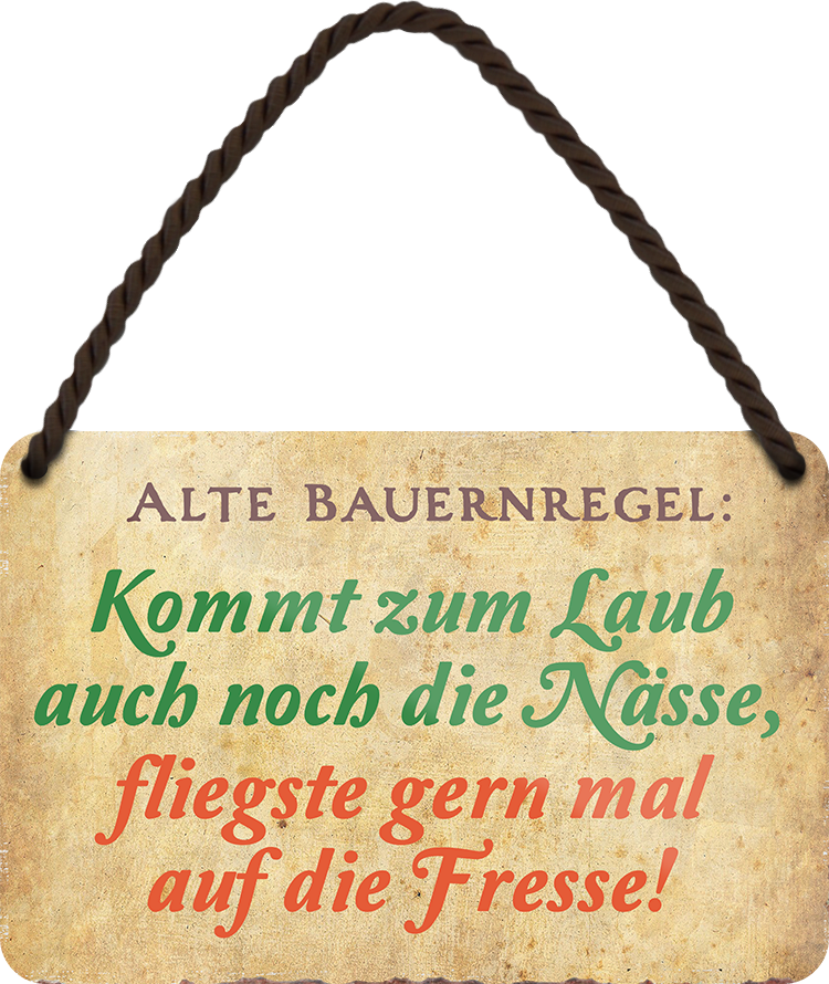 4252024242706	Schilderstore24 	 ''Alte Bauernregel zum Laub die Nässe fliegst auf Fresse'' Schilderstore24 Blechschilder sind perfekt als Geschenk zu Weihnachten, Geburtstage, Feiern, Partys, Grillabende, Namenstag, Feiertag, Mädelsabend, Hochzeit. Jederzeit stilvoll im Wohnzimmer, Partykeller, Garage, Praxis, Büro, Café, Hauseingang Sarkasmus Ironie Funny Schwarzer Humor faul dumm fun rente lästern teufel