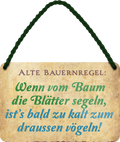 4252024242690	Schilderstore24 	 ''Alte Bauernregel vom Baum die Blätter draußen vögeln'' Schilderstore24 Blechschilder sind perfekt als Geschenk zu Weihnachten, Geburtstage, Feiern, Partys, Grillabende, Namenstag, Feiertag, Mädelsabend, Hochzeit. Jederzeit stilvoll im Wohnzimmer, Partykeller, Garage, Praxis, Büro, Café, Hauseingang Sarkasmus Ironie Funny Schwarzer Humor faul dumm fun rente lästern teufel