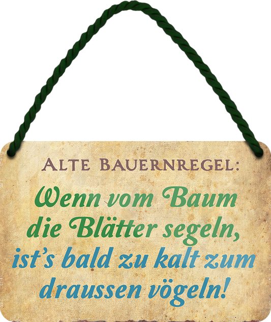 4252024242690	Schilderstore24 	 ''Alte Bauernregel vom Baum die Blätter draußen vögeln'' Schilderstore24 Blechschilder sind perfekt als Geschenk zu Weihnachten, Geburtstage, Feiern, Partys, Grillabende, Namenstag, Feiertag, Mädelsabend, Hochzeit. Jederzeit stilvoll im Wohnzimmer, Partykeller, Garage, Praxis, Büro, Café, Hauseingang Sarkasmus Ironie Funny Schwarzer Humor faul dumm fun rente lästern teufel