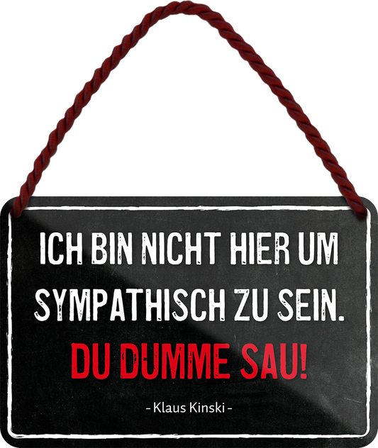 4252024242805	Schilderstore24 	 ''Ich bin nicht hier um sympathisch zu sein''Schilderstore24 Blechschilder sind perfekt als Geschenk zu Weihnachten, Geburtstage, Feiern, Partys, Grillabende, Namenstag, Feiertag, Mädelsabend, Hochzeit. Jederzeit stilvoll im Wohnzimmer, Partykeller, Garage, Praxis, Büro, Café, Hauseingang Büro Chef Angestellter Arbeit Job Arbeitsplatz Alltag Beruf Ausbildung