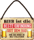 4252024248258	Schilderstore24 	 ''Bier ist die beste Erfindung seid dem Rad'' Schilderstore24 Blechschilder sind perfekt als Geschenk zu Weihnachten, Geburtstage, Feiern, Partys, Grillabende, Namenstag, Feiertag, Mädelsabend, Hochzeit. Jederzeit stilvoll im Wohnzimmer, Partykeller, Garage, Praxis, Büro, Café, Hauseingang Alkohol Kasten Bier Saufen Getränk Bier Alkohol schaumkrone promille hopfen