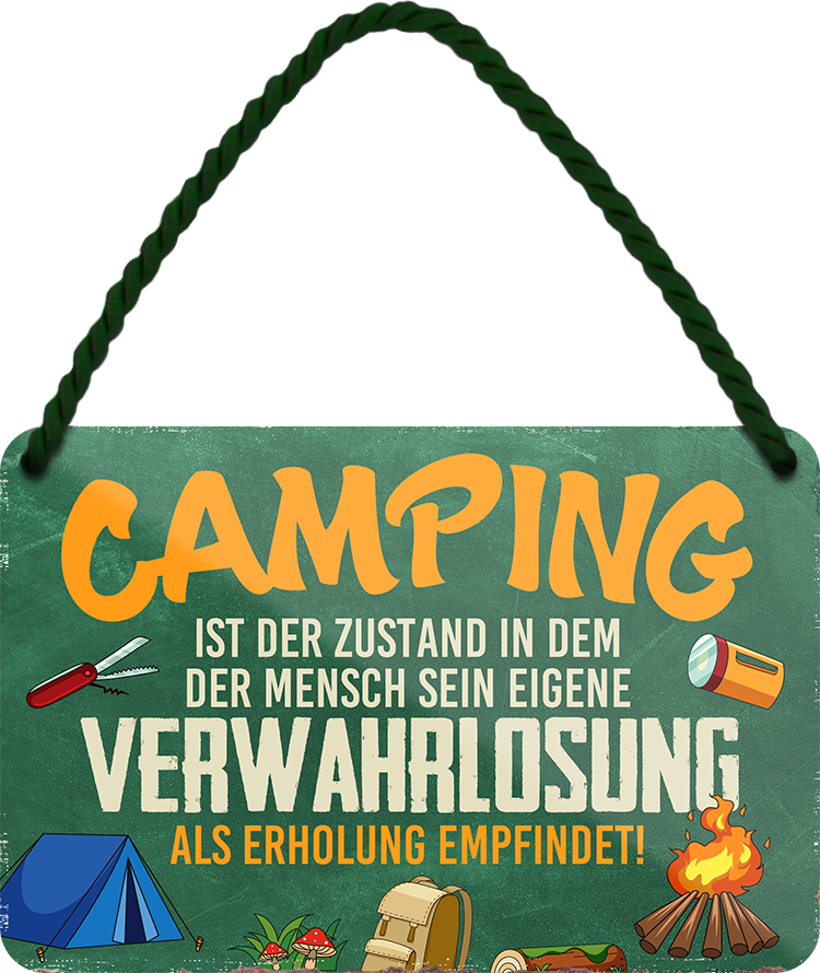 4252024248296		 ''Camping ist der Zustand Verwahrlosung als Erholung'' Schilderstore24 Blechschilder sind perfekt als Geschenk zu Weihnachten, Geburtstage, Feiern, Partys, Grillabende, Namenstag, Feiertag, Mädelsabend, Hochzeit. Jederzeit stilvoll im Wohnzimmer, Partykeller, Garage, Praxis, Büro, Café, Hauseingang Camping Natur Wald Freiheit wandern campen outdoor natur roadtripp