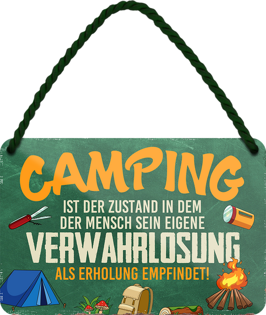 4252024248296		 ''Camping ist der Zustand Verwahrlosung als Erholung'' Schilderstore24 Blechschilder sind perfekt als Geschenk zu Weihnachten, Geburtstage, Feiern, Partys, Grillabende, Namenstag, Feiertag, Mädelsabend, Hochzeit. Jederzeit stilvoll im Wohnzimmer, Partykeller, Garage, Praxis, Büro, Café, Hauseingang Camping Natur Wald Freiheit wandern campen outdoor natur roadtripp