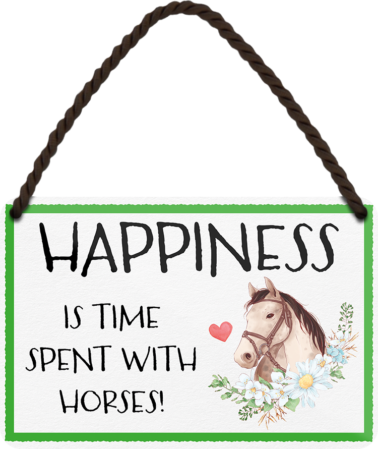 4252024248616		 ''Happiness is time spent with Horses'' Schilderstore24 Blechschilder sind perfekt als Geschenk zu Weihnachten, Geburtstage, Feiern, Partys, Grillabende, Namenstag, Feiertag, Mädelsabend, Hochzeit. Jederzeit stilvoll im Wohnzimmer, Partykeller, Garage, Praxis, Büro, Café, Hauseingang Nutztier Pferd Reiten Pony Stall sattel ausreiten pferde tier landwirtschaft