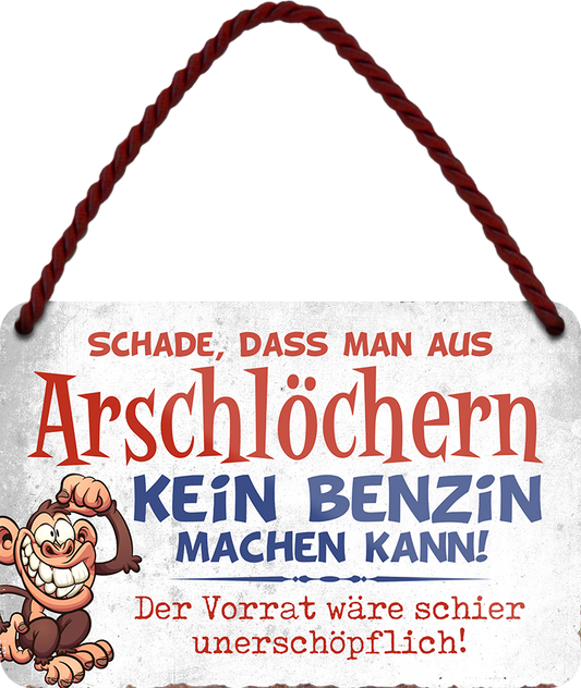 4252024248234		 ''Schade aus Arschlöchern kein Benzin machen kann''Schilderstore24 Blechschilder sind perfekt als Geschenk zu Weihnachten, Geburtstage, Feiern, Partys, Grillabende, Namenstag, Feiertag, Mädelsabend, Hochzeit. Jederzeit stilvoll im Wohnzimmer, Partykeller, Garage, Praxis, Büro, Café, Hauseingang Sarkasmus Ironie Funny Schwarzer Humor faul dumm fun rente lästern teufel