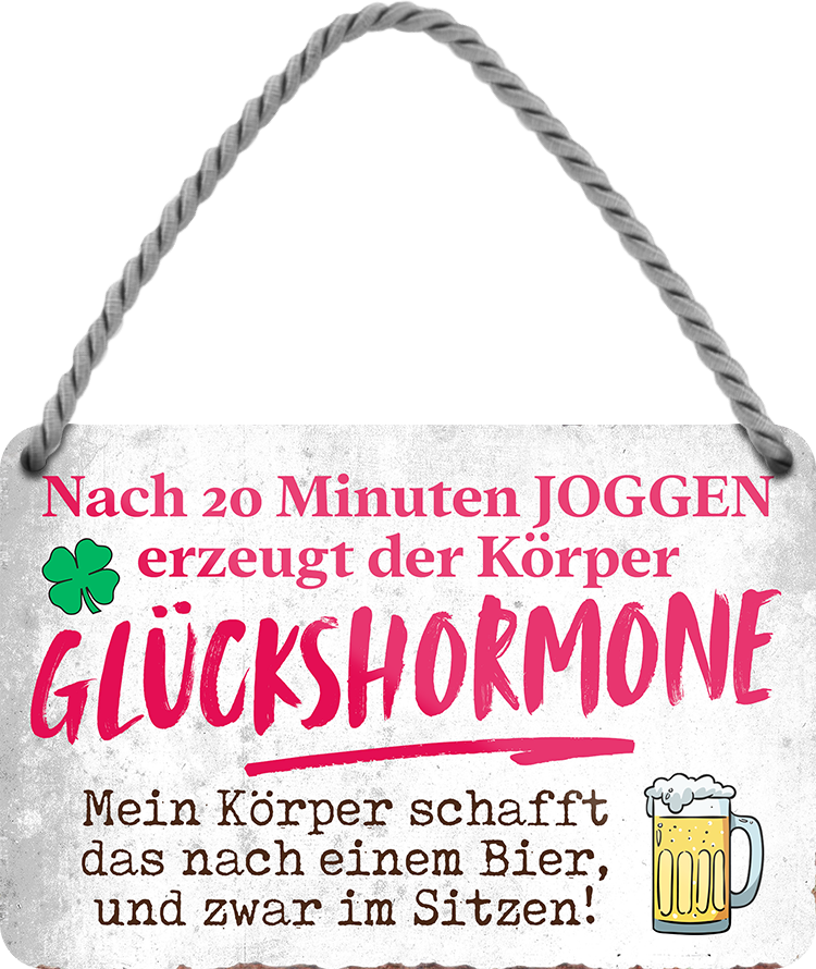 4252024250886		 ''Nach 20 min Joggen Glückhormone Bier'' Schilderstore24 Blechschilder sind perfekt als Geschenk zu Weihnachten, Geburtstage, Feiern, Partys, Grillabende, Namenstag, Feiertag, Mädelsabend, Hochzeit. Jederzeit stilvoll im Wohnzimmer, Partykeller, Garage, Praxis, Büro, Café, Hauseingang Alkohol Kasten Bier Saufen Getränk Bier Alkohol schaumkrone promille hopfen