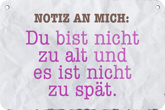 4252024251210		 ''Notiz an mich. Du bist nicht zu alt, nicht zu spät'' Schilderstore24 Blechschilder sind perfekt als Geschenk zu Weihnachten, Geburtstage, Feiern, Partys, Grillabende, Namenstag, Feiertag, Mädelsabend, Hochzeit. Jederzeit stilvoll im Wohnzimmer, Partykeller, Garage, Praxis, Büro, Café, Hauseingang Weisheiten Leben Sprichwörter Tipp wahrheit sprichwort tiefsinnig ratschlag