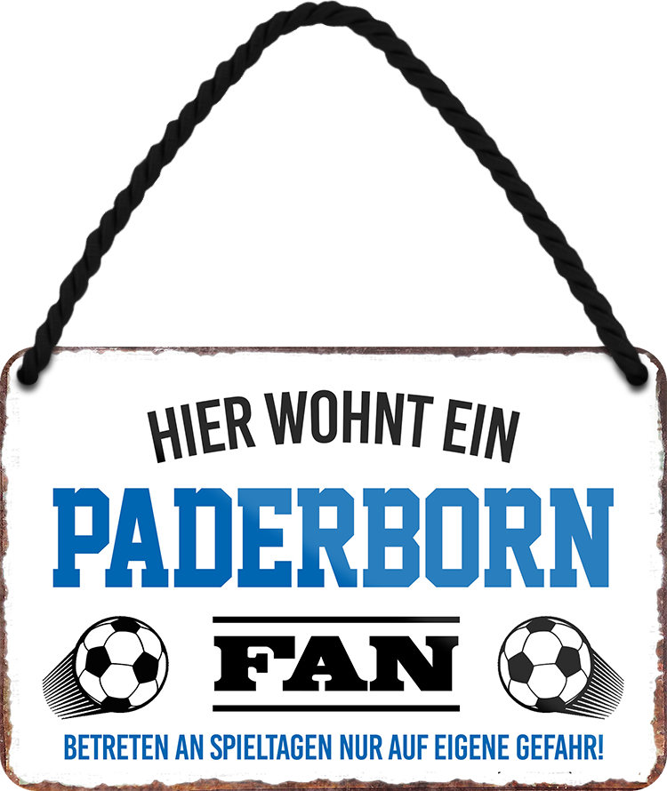 4252024252873		 ''Paderborn Fan''
Schilderstore24 Blechschilder sind perfekt als Geschenk zu Weihnachten, Geburtstage, Feiern, Partys, Grillabende, Namenstag, Feiertag, Mädelsabend, Hochzeit. Jederzeit stilvoll im Wohnzimmer, Partykeller, Garage, Praxis, Büro, Café, Hauseingang Fußball Mannschaft Verein Bolzen Ball sport liga kicken stadion freizeit
