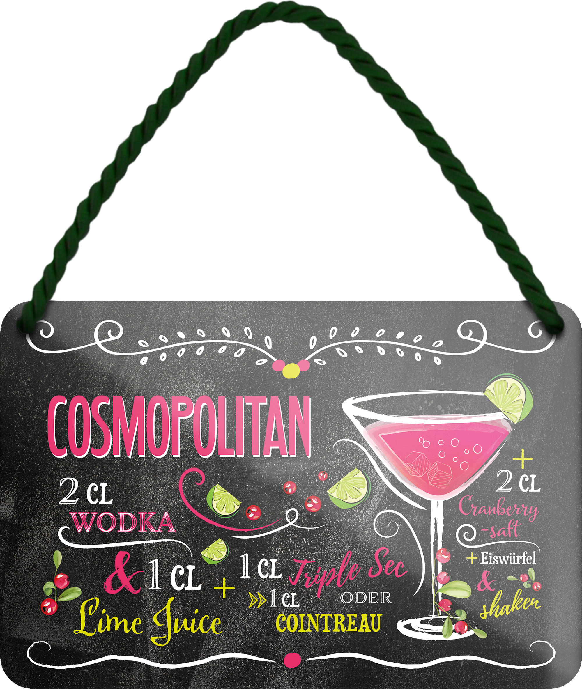 4252024255034		 ''Cosmopolitan''
Schilderstore24 Blechschilder sind perfekt als Geschenk zu Weihnachten, Geburtstage, Feiern, Partys, Grillabende, Namenstag, Feiertag, Mädelsabend, Hochzeit. Jederzeit stilvoll im Wohnzimmer, Partykeller, Garage, Praxis, Büro, Café, Hauseingang Alkohol Cocktail Likör Sekt Getränk Alkohol promille schnaps saufen longdrink