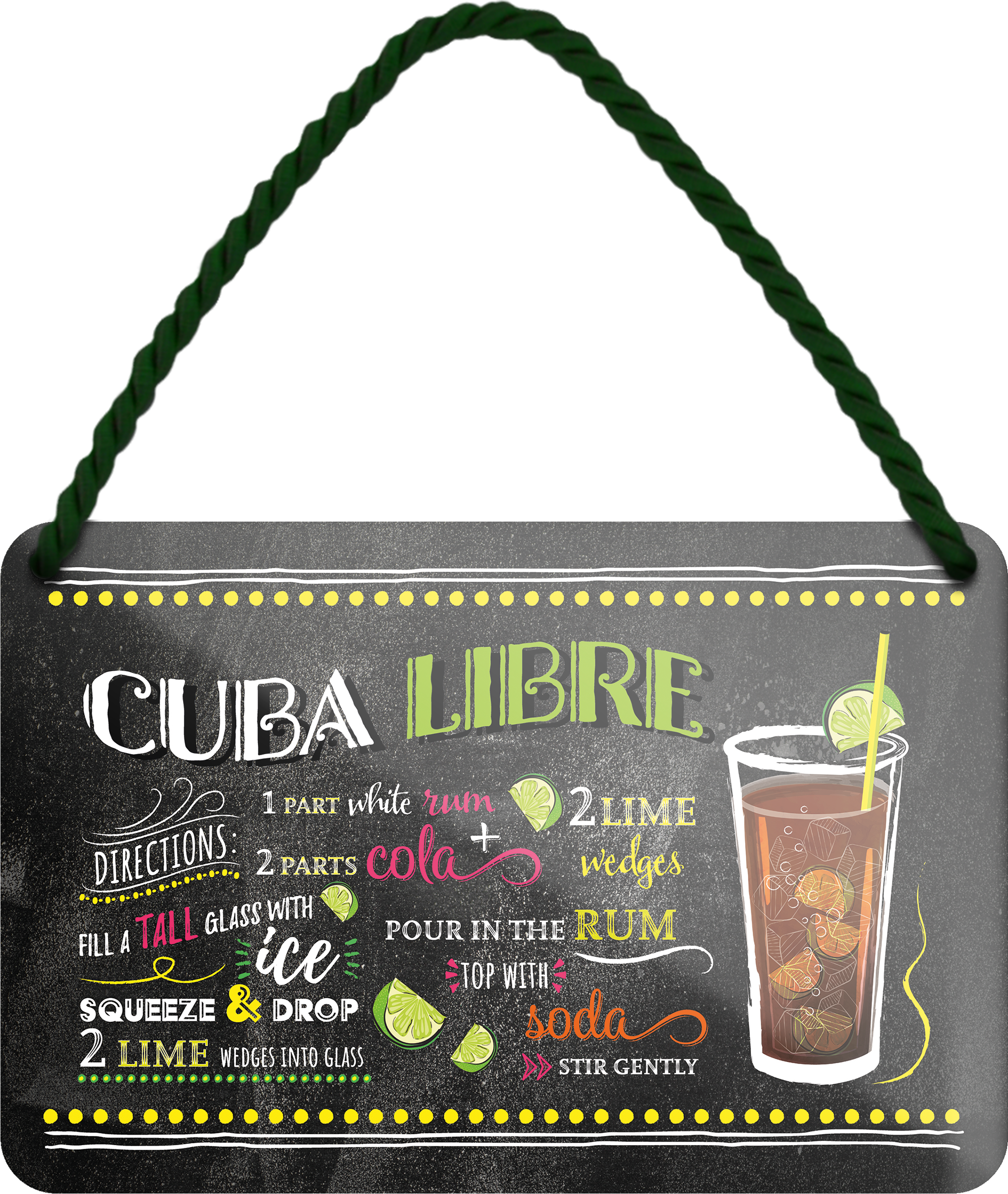 4252024255041		 ''Cuba Libre''
Schilderstore24 Blechschilder sind perfekt als Geschenk zu Weihnachten, Geburtstage, Feiern, Partys, Grillabende, Namenstag, Feiertag, Mädelsabend, Hochzeit. Jederzeit stilvoll im Wohnzimmer, Partykeller, Garage, Praxis, Büro, Café, Hauseingang Alkohol Cocktail Likör Sekt Getränk Alkohol promille schnaps saufen longdrink