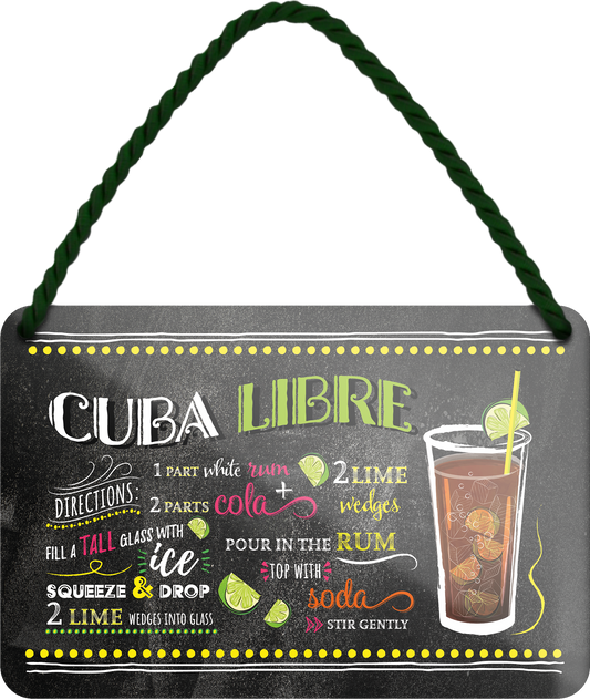 4252024255041		 ''Cuba Libre''
Schilderstore24 Blechschilder sind perfekt als Geschenk zu Weihnachten, Geburtstage, Feiern, Partys, Grillabende, Namenstag, Feiertag, Mädelsabend, Hochzeit. Jederzeit stilvoll im Wohnzimmer, Partykeller, Garage, Praxis, Büro, Café, Hauseingang Alkohol Cocktail Likör Sekt Getränk Alkohol promille schnaps saufen longdrink