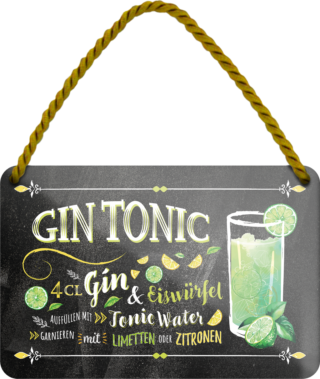 4252024255065		 ''Gin Tonic''
Schilderstore24 Blechschilder sind perfekt als Geschenk zu Weihnachten, Geburtstage, Feiern, Partys, Grillabende, Namenstag, Feiertag, Mädelsabend, Hochzeit. Jederzeit stilvoll im Wohnzimmer, Partykeller, Garage, Praxis, Büro, Café, Hauseingang Alkohol Cocktail Likör Sekt Getränk Alkohol promille schnaps saufen longdrink
