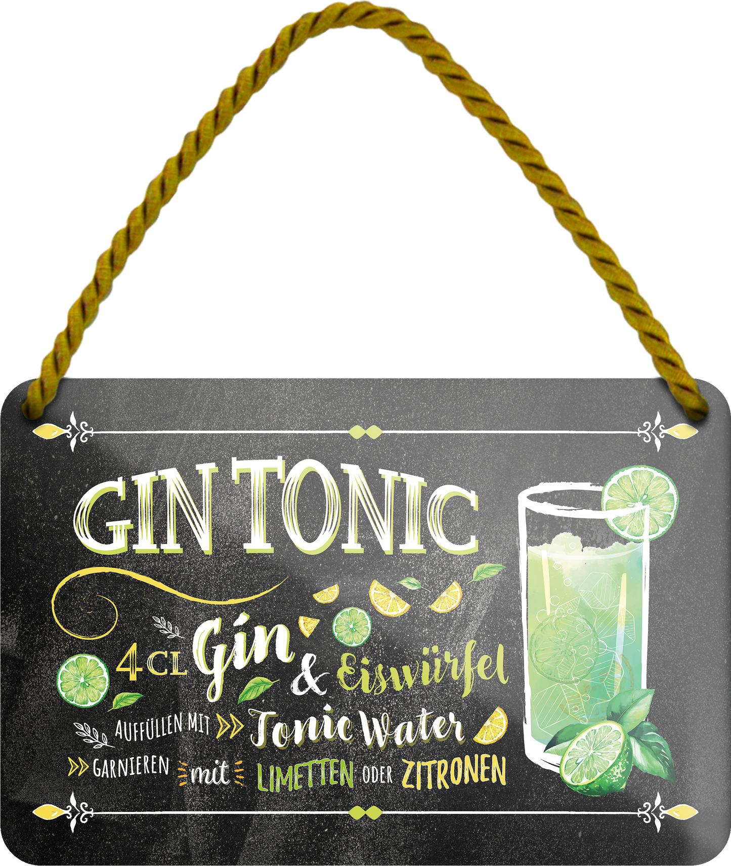4252024255065		 ''Gin Tonic''
Schilderstore24 Blechschilder sind perfekt als Geschenk zu Weihnachten, Geburtstage, Feiern, Partys, Grillabende, Namenstag, Feiertag, Mädelsabend, Hochzeit. Jederzeit stilvoll im Wohnzimmer, Partykeller, Garage, Praxis, Büro, Café, Hauseingang Alkohol Cocktail Likör Sekt Getränk Alkohol promille schnaps saufen longdrink