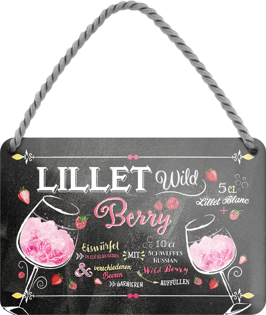 Schilderstore24 Blechschilder sind 4252024255096		 ''Lillet Wild Berry''
perfekt als Geschenk zu Weihnachten, Geburtstage, Feiern, Partys, Grillabende, Namenstag, Feiertag, Mädelsabend, Hochzeit. Jederzeit stilvoll im Wohnzimmer, Partykeller, Garage, Praxis, Büro, Café, Hauseingang Alkohol Cocktail Likör Sekt Getränk Alkohol promille schnaps saufen longdrink