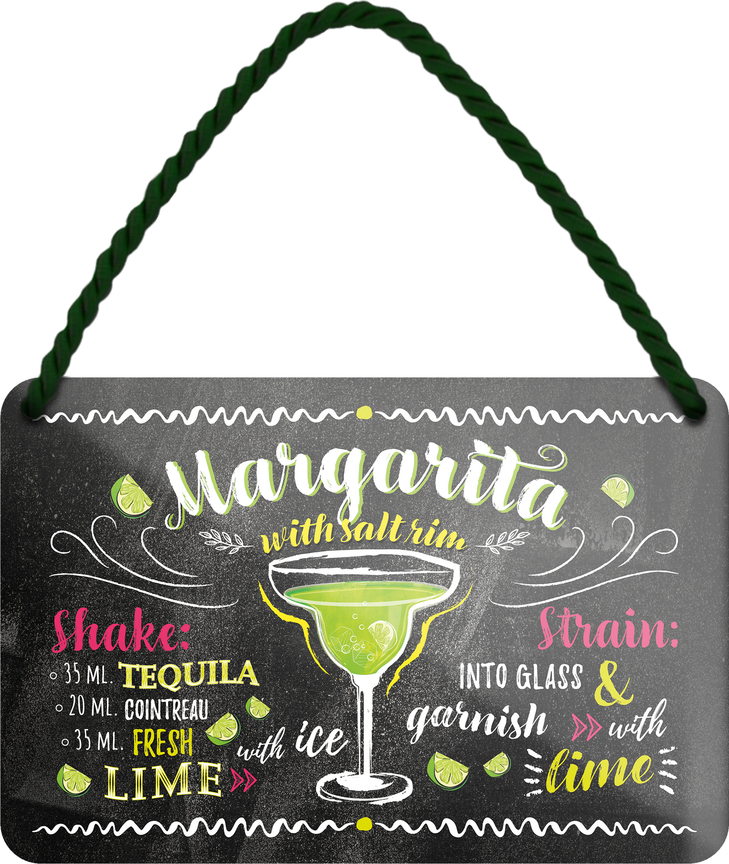 4252024255126		 ''Margarita''
Schilderstore24 Blechschilder sind perfekt als Geschenk zu Weihnachten, Geburtstage, Feiern, Partys, Grillabende, Namenstag, Feiertag, Mädelsabend, Hochzeit. Jederzeit stilvoll im Wohnzimmer, Partykeller, Garage, Praxis, Büro, Café, Hauseingang Alkohol Cocktail Likör Sekt Getränk Alkohol promille schnaps saufen longdrink