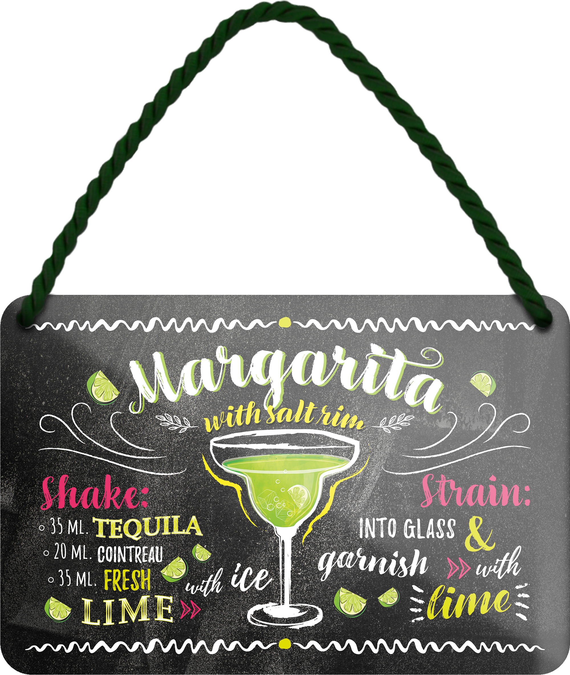 4252024255126		 ''Margarita''
Schilderstore24 Blechschilder sind perfekt als Geschenk zu Weihnachten, Geburtstage, Feiern, Partys, Grillabende, Namenstag, Feiertag, Mädelsabend, Hochzeit. Jederzeit stilvoll im Wohnzimmer, Partykeller, Garage, Praxis, Büro, Café, Hauseingang Alkohol Cocktail Likör Sekt Getränk Alkohol promille schnaps saufen longdrink