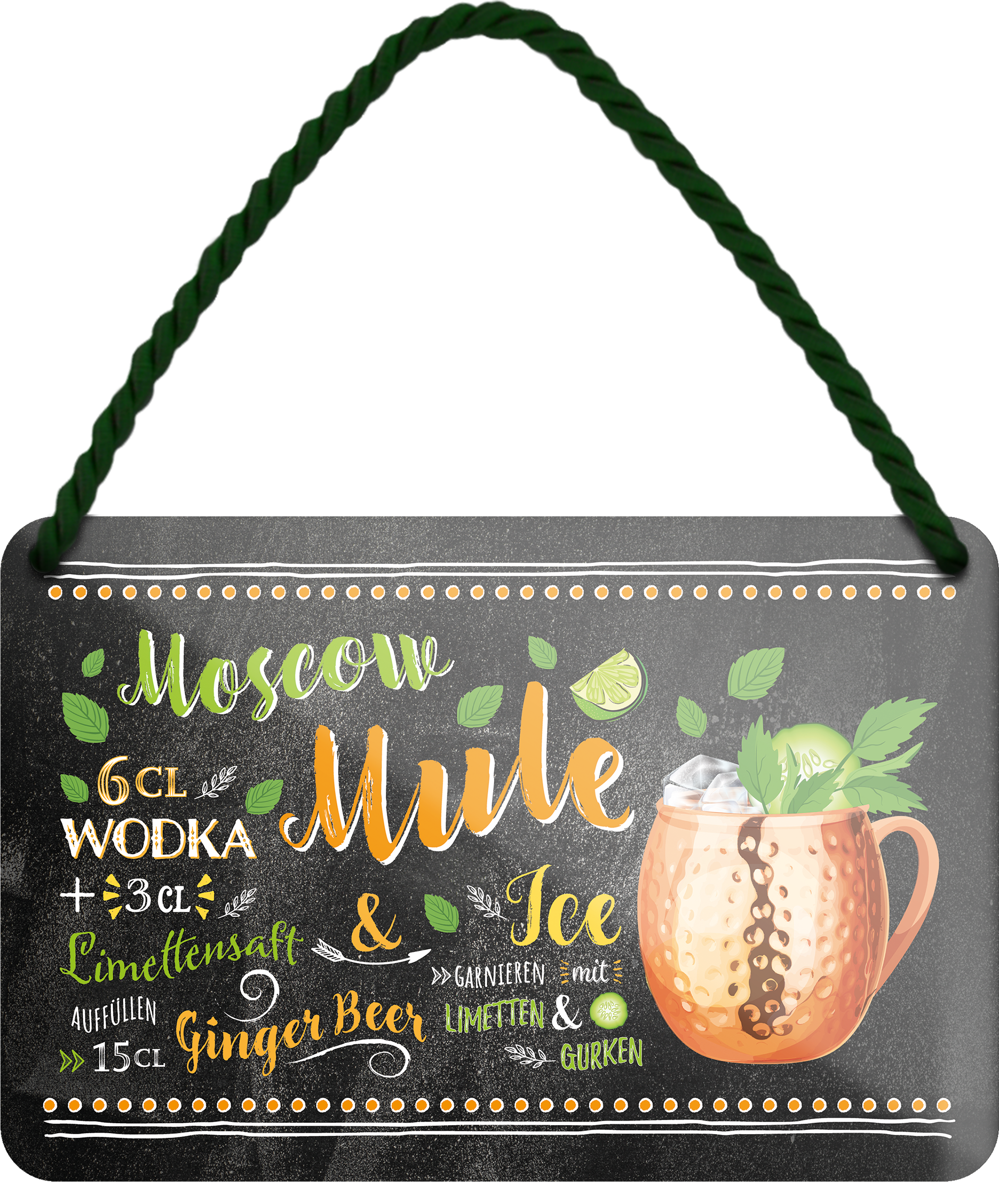4252024255140		 ''Moscow Mule''
 Schilderstore24 Blechschilder sind perfekt als Geschenk zu Weihnachten, Geburtstage, Feiern, Partys, Grillabende, Namenstag, Feiertag, Mädelsabend, Hochzeit. Jederzeit stilvoll im Wohnzimmer, Partykeller, Garage, Praxis, Büro, Café, Hauseingang Alkohol Cocktail Likör Sekt Getränk Alkohol promille schnaps saufen longdrink