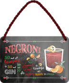 4252024255157		 ''Negroni''
Schilderstore24 Blechschilder sind perfekt als Geschenk zu Weihnachten, Geburtstage, Feiern, Partys, Grillabende, Namenstag, Feiertag, Mädelsabend, Hochzeit. Jederzeit stilvoll im Wohnzimmer, Partykeller, Garage, Praxis, Büro, Café, Hauseingang Alkohol Cocktail Likör Sekt Getränk Alkohol promille schnaps saufen longdrink