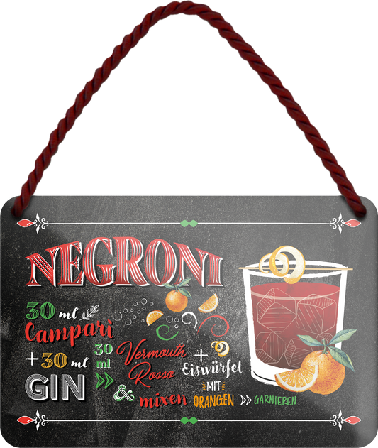 4252024255157		 ''Negroni''
Schilderstore24 Blechschilder sind perfekt als Geschenk zu Weihnachten, Geburtstage, Feiern, Partys, Grillabende, Namenstag, Feiertag, Mädelsabend, Hochzeit. Jederzeit stilvoll im Wohnzimmer, Partykeller, Garage, Praxis, Büro, Café, Hauseingang Alkohol Cocktail Likör Sekt Getränk Alkohol promille schnaps saufen longdrink