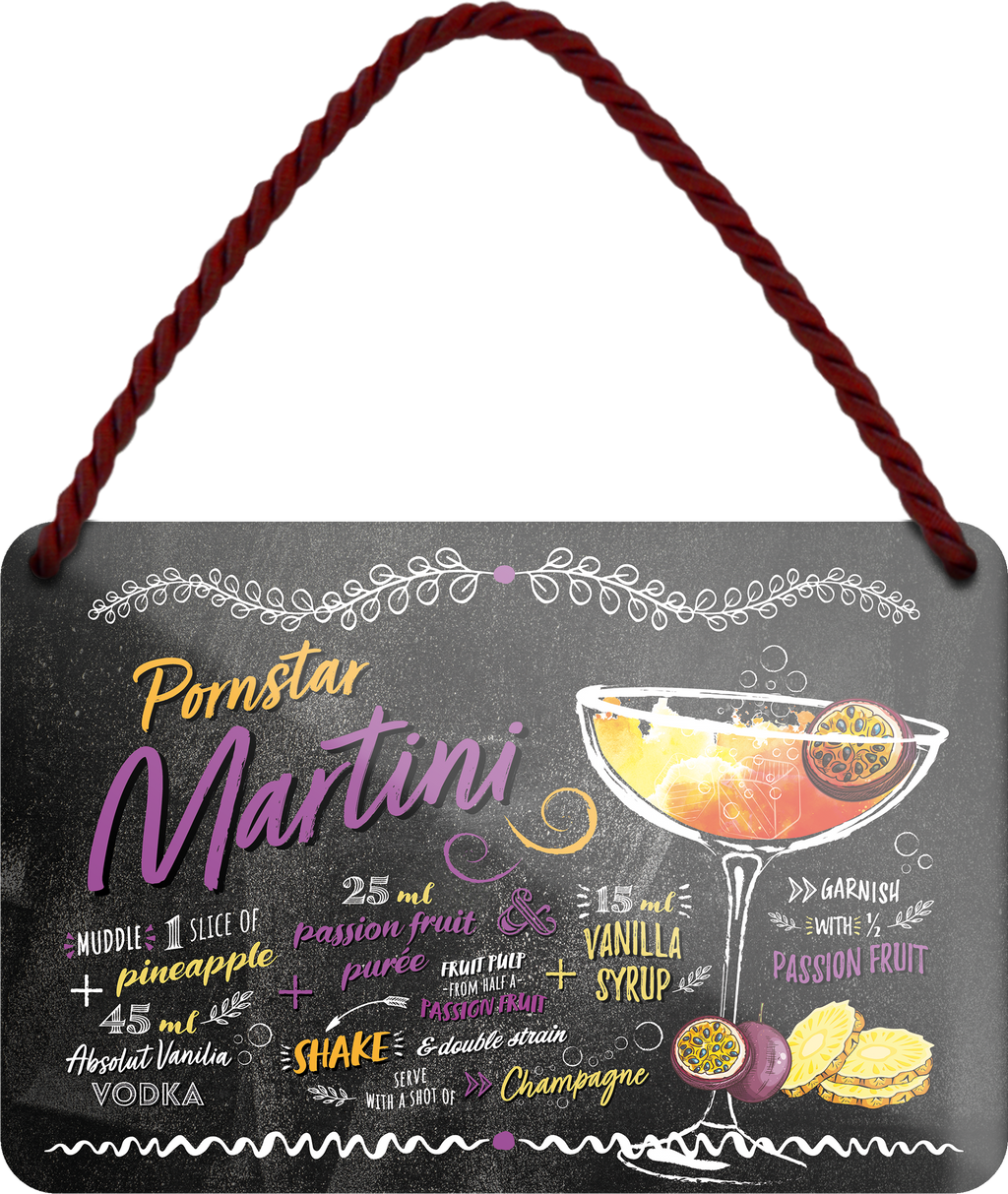 4252024255171		 ''Pornstar Martini''
 Schilderstore24 Blechschilder sind perfekt als Geschenk zu Weihnachten, Geburtstage, Feiern, Partys, Grillabende, Namenstag, Feiertag, Mädelsabend, Hochzeit. Jederzeit stilvoll im Wohnzimmer, Partykeller, Garage, Praxis, Büro, Café, Hauseingang Alkohol Cocktail Likör Sekt Getränk Alkohol promille schnaps saufen longdrink