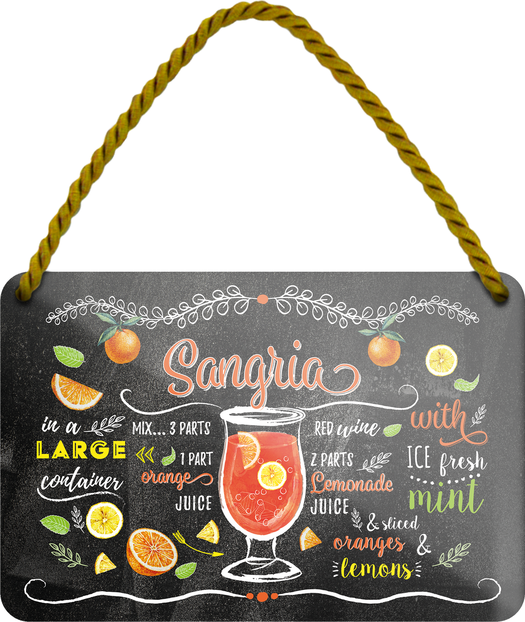 4252024255188		 ''Sangria''
Schilderstore24 Blechschilder sind perfekt als Geschenk zu Weihnachten, Geburtstage, Feiern, Partys, Grillabende, Namenstag, Feiertag, Mädelsabend, Hochzeit. Jederzeit stilvoll im Wohnzimmer, Partykeller, Garage, Praxis, Büro, Café, Hauseingang Alkohol Cocktail Likör Sekt Getränk Alkohol promille schnaps saufen longdrink