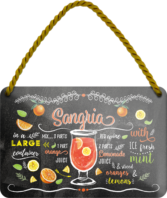 4252024255188		 ''Sangria''
Schilderstore24 Blechschilder sind perfekt als Geschenk zu Weihnachten, Geburtstage, Feiern, Partys, Grillabende, Namenstag, Feiertag, Mädelsabend, Hochzeit. Jederzeit stilvoll im Wohnzimmer, Partykeller, Garage, Praxis, Büro, Café, Hauseingang Alkohol Cocktail Likör Sekt Getränk Alkohol promille schnaps saufen longdrink