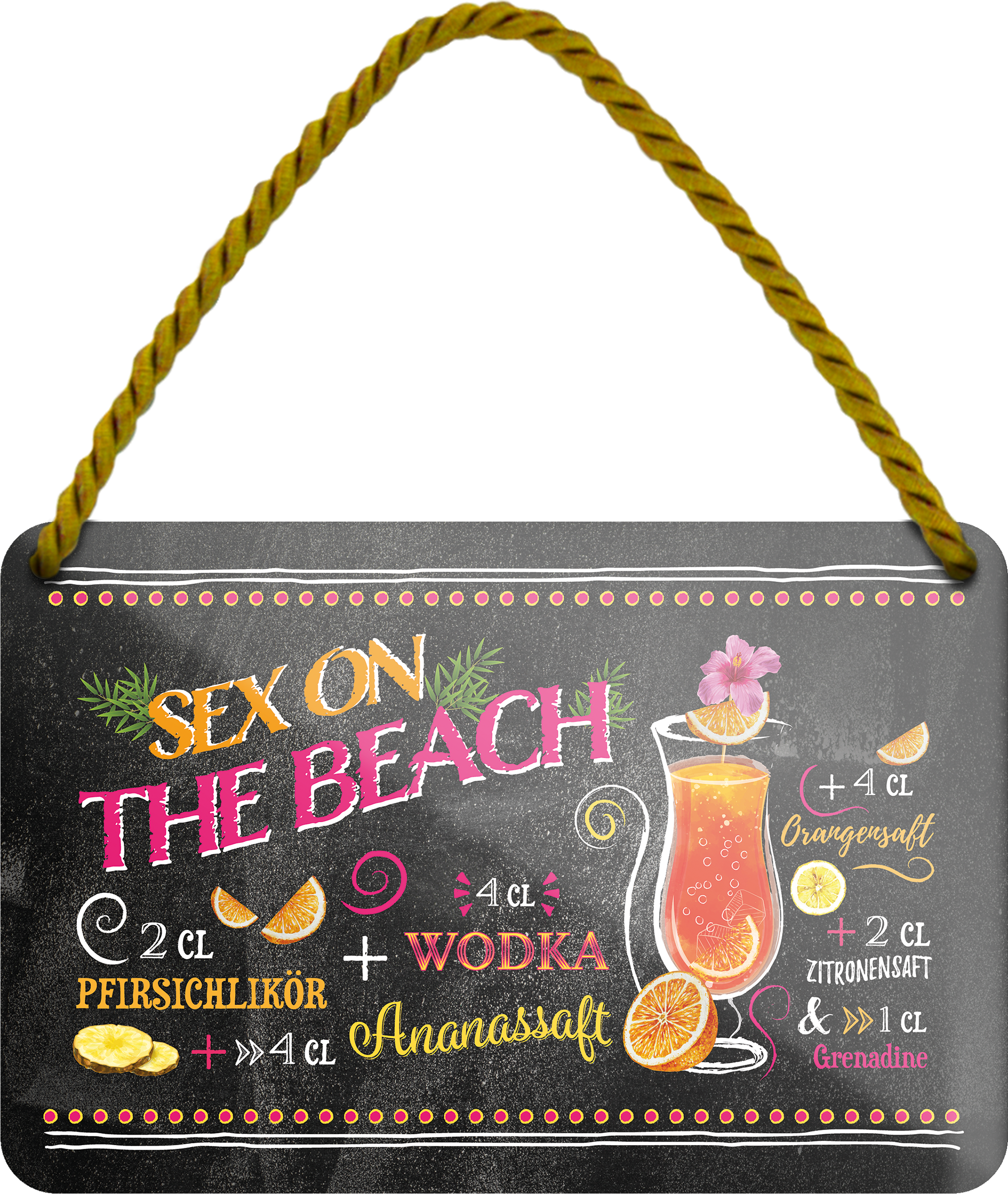 4252024255195		 ''Sex on the Beach''
Schilderstore24 Blechschilder sind perfekt als Geschenk zu Weihnachten, Geburtstage, Feiern, Partys, Grillabende, Namenstag, Feiertag, Mädelsabend, Hochzeit. Jederzeit stilvoll im Wohnzimmer, Partykeller, Garage, Praxis, Büro, Café, Hauseingang Alkohol Cocktail Likör Sekt Getränk Alkohol promille schnaps saufen longdrink