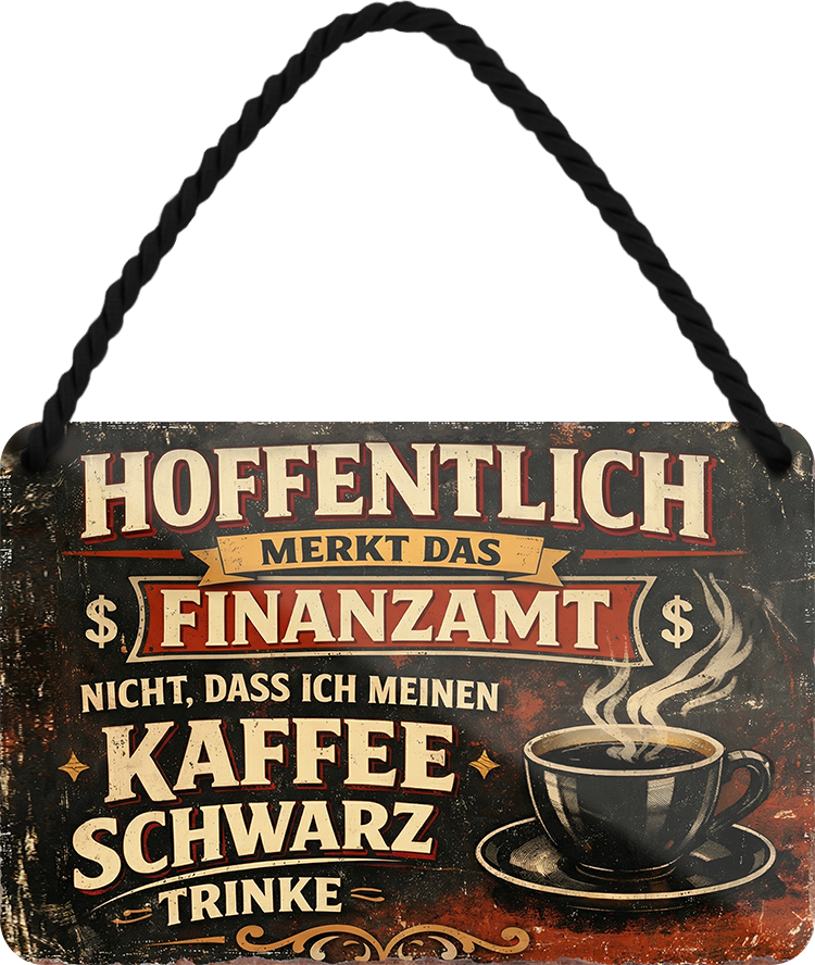 4252024259056		 ''Hoffentlich merkt das Finanzamt nicht Kaffee schwarz (nur Tasse)''
Schilderstore24 Blechschilder sind perfekt als Geschenk zu Weihnachten, Geburtstage, Feiern, Partys, Grillabende, Namenstag, Feiertag, Mädelsabend, Hochzeit. Jederzeit stilvoll im Wohnzimmer, Partykeller, Garage, Praxis, Büro, Café, Hauseingang Lebensmittel Kaffee Kuchen Sucht café coffee kaffeemaschine getränk essen