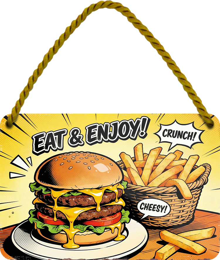 4252024258318		 ''Eat & Enjoy (Chrunch Cheesy)''
Schilderstore24 Blechschilder sind perfekt als Geschenk zu Weihnachten, Geburtstage, Feiern, Partys, Grillabende, Partykeller, diät, snack, mahlzei, rezept, wasser Lebensmittel Burger Tee Grill crepes teigware süßigkeit essen grill wurst pommes döner fisch pizza