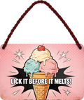 4252024258424		 ''Lick it before it melts''
Schilderstore24 Blechschilder sind perfekt als Geschenk zu Weihnachten, Geburtstage, Feiern, Partys, Grillabende, Partykeller, diät, snack, mahlzei, rezept, wasser Lebensmittel Burger Tee Grill crepes teigware süßigkeit essen grill wurst pommes döner fisch pizza