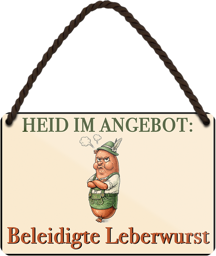 4252024257854		 ''Heid im Angebot. Beleidigte Leberwurst''
Mädelsabend, Hochzeit Wohnzimmer, Partykeller, Garage, Praxis, Büro, Café, Hauseingang Sachse Bayern Schwäbisch Alm bayrisch sprache kultur tradition