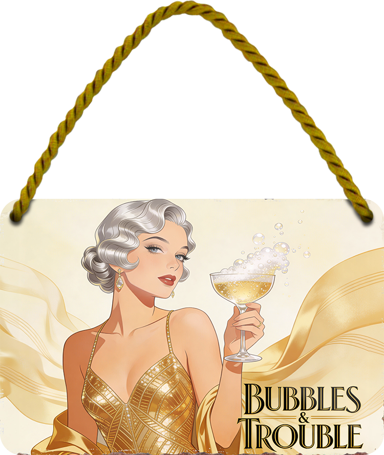 4252024257694		 ''Bubbles Trouble''
Schilderstore24 Blechschilder sind perfekt als Geschenk zu Weihnachten, Geburtstage, Feiern, Partys, Grillabende, Namenstag, Feiertag, Mädelsabend, Hochzeit. Jederzeit stilvoll im Wohnzimmer, Partykeller, Garage, Praxis, Büro, Café, Hauseingang Alkohol Cocktail Bier Sekt Getränk Bier Alkohol schnaps promille tequila   