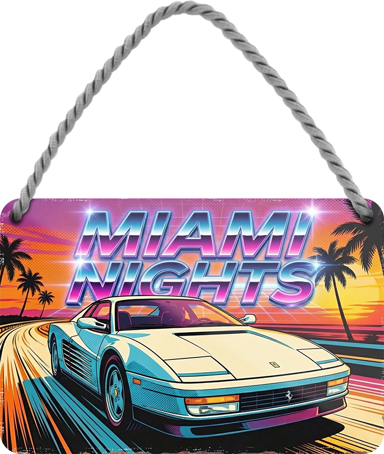 4252024259599		 ''Miami Nights''
Schilderstore24 Blechschilder sind perfekt als Geschenk zu Weihnachten, Geburtstage, Feiern, Partys, Grillabende, Namenstag, Feiertag, Mädelsabend, Hochzeit. Jederzeit stilvoll im Wohnzimmer, Partykeller, Garage, biker, zitat, route, highway Mechaniker Auto Motorrad Werkstatt auto lkw brummi tüfteln schrauber
