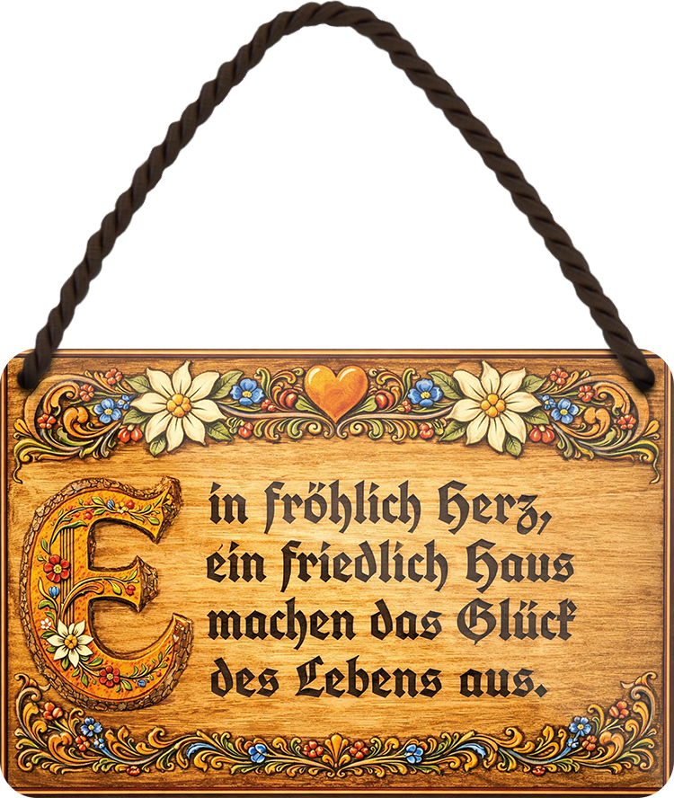 4252024258974		 ''Ein fröhliches Herz, ein fröhliches Haus''
Schilderstore24 Blechschilder sind perfekt als Geschenk zu Weihnachten, Geburtstage, Feiern, Partys, Grillabende, Namenstag, Feiertag, Mädelsabend, Hochzeit. Jederzeit stilvoll im Wohnzimmer, Partykeller, Garage, Praxis, Büro, Café, Hauseingang Garten Haushalt Heim Zuhause Gartenarbeit Hausarbeit Zuhause Blumen