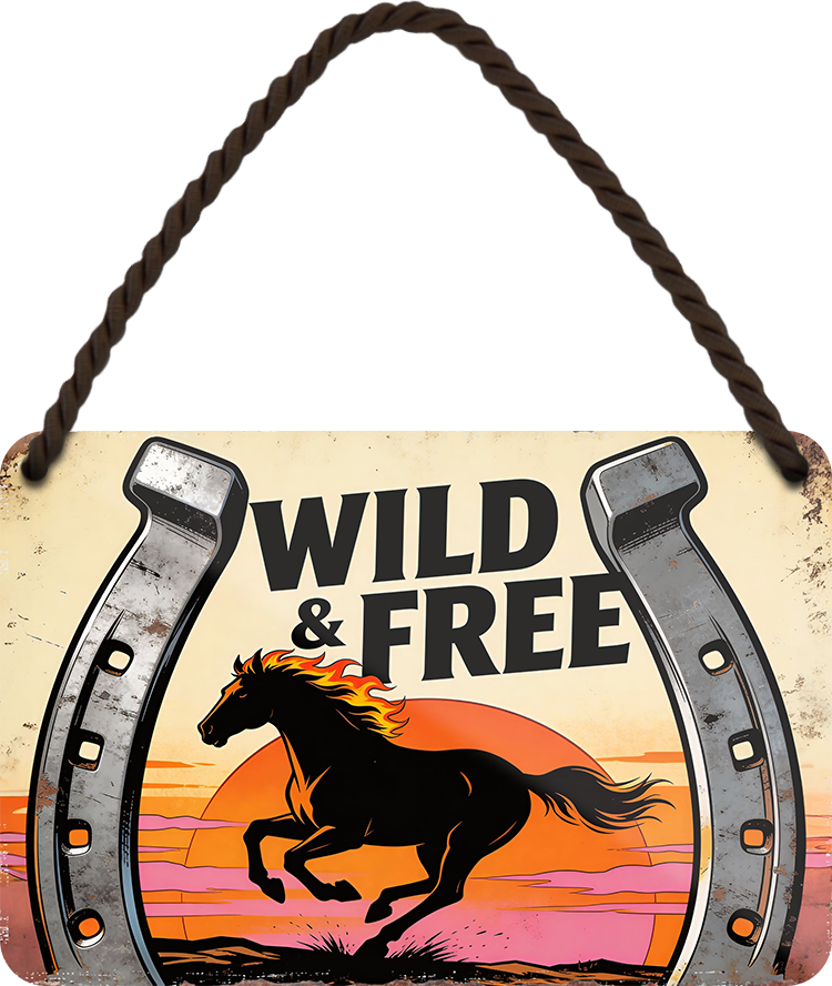 4252024259278		 ''Wild & Free''
Schilderstore24 Blechschilder sind perfekt als Geschenk zu Weihnachten, Geburtstage, Feiern, Partys, Grillabende, Namenstag, Feiertag, Mädelsabend, Hochzeit. Jederzeit stilvoll im Wohnzimmer, Partykeller, Garage, Praxis, Büro, Café, Hauseingang Nutztier Pferd Reiten Pony Stall sattel ausreiten pferde tier landwirtschaft