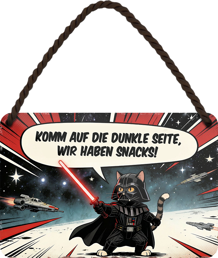 4252024259117		 ''Komm auf die dunkle Seite, wir haben Snacks''
Schilderstore24 Blechschilder sind perfekt als Geschenk zu Weihnachten, Geburtstage, Feiern, Partys, Grillabende, Namenstag, Feiertag, Mädelsabend, Hochzeit Wohnzimmer, Partykeller, Garage, welpe, dogge, kater, kätzchen Haustier Tier Freund knuddelig Zuhause Katze Hund Hamster Meerschwein haustiere