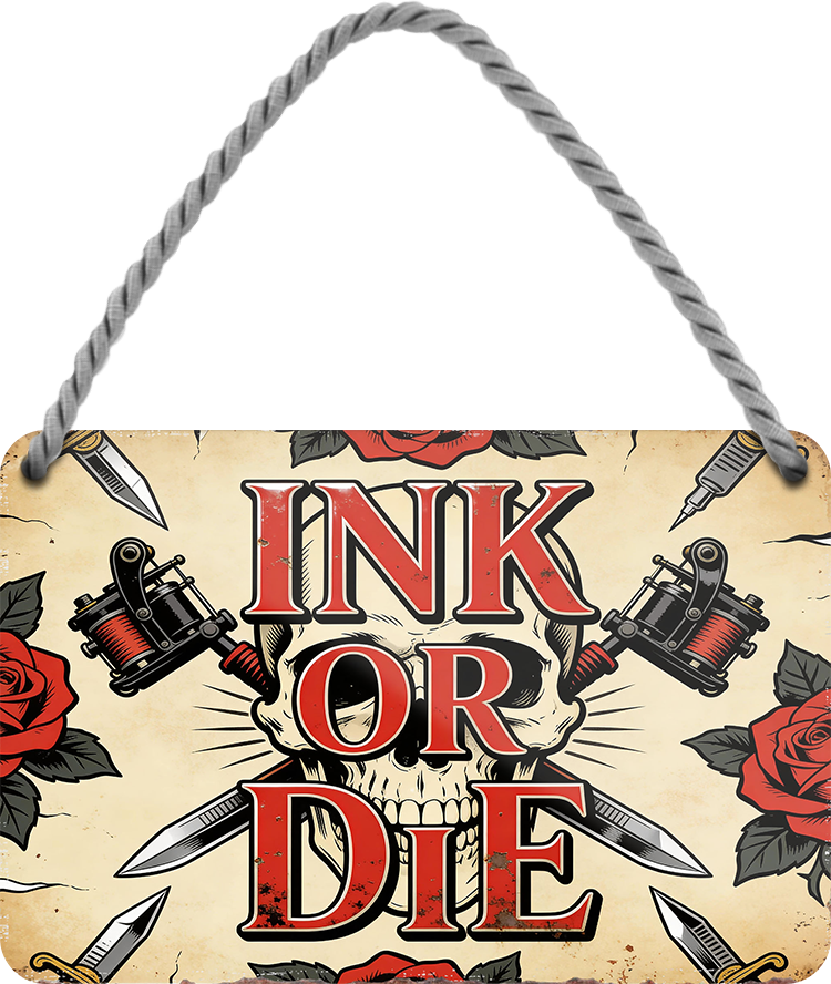 4252024259391		 ''Ink or Die''
Schilderstore24 Blechschilder sind perfekt als Geschenk zu Weihnachten, Geburtstage, Feiern, Partys, Grillabende, Namenstag, Feiertag, Mädelsabend, Hochzeit. Jederzeit stilvoll im Wohnzimmer, Partykeller, Garage, Praxis, Büro, Café, Hauseingang Friseur Tattoo Schönheit Haare Haut Barber tattowierer hautschmuck piercing schminke