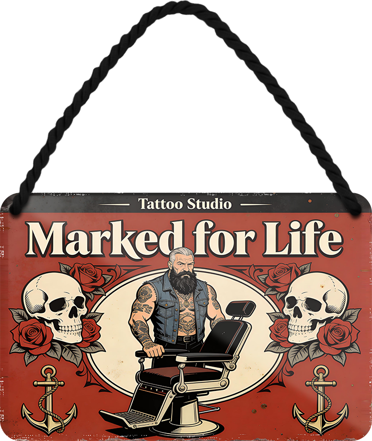 4252024259414		 ''Marked for Life''
Schilderstore24 Blechschilder sind perfekt als Geschenk zu Weihnachten, Geburtstage, Feiern, Partys, Grillabende, Namenstag, Feiertag, Mädelsabend, Hochzeit. Jederzeit stilvoll im Wohnzimmer, Partykeller, Garage, Praxis, Büro, Café, Hauseingang Friseur Tattoo Schönheit Haare Haut Barber tattowierer hautschmuck piercing schminke
