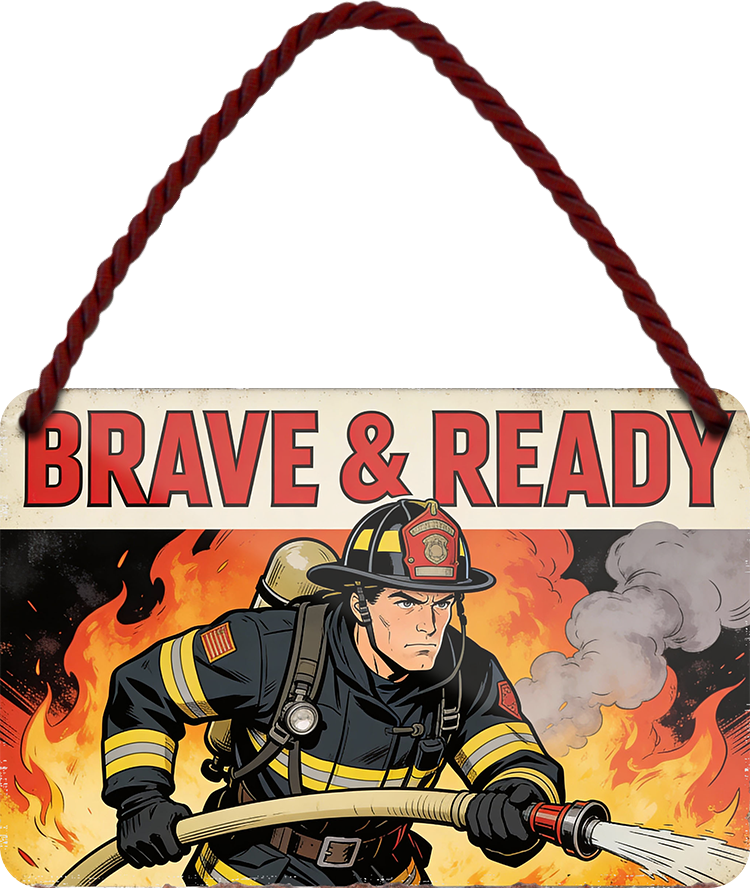 4252024258615		 ''Brave & Ready''
Schilderstore24 Blechschilder sind perfekt als Geschenk zu Weihnachten, Geburtstage, Feiern, Partys, Grillabende, Namenstag, Feiertag, Mädelsabend, Hochzeit. Jederzeit stilvoll im Wohnzimmer, Partykeller, Garage, Praxis, Büro, Café, Hauseingang Feuerwehr Feuer Brand Schutz Rettung freiwillige Alarm rettungsdienst hilfe feuer