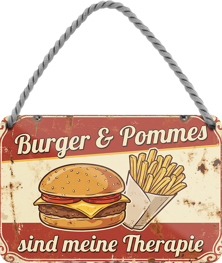 4252024258288		 ''Burger & Pommes sind meine Therapie''
Schilderstore24 Blechschilder sind perfekt als Geschenk zu Weihnachten, Geburtstage, Feiern, Partys, Grillabende, Partykeller, diät, snack, mahlzei, rezept, wasser Lebensmittel Burger Tee Grill crepes teigware süßigkeit essen grill wurst pommes döner fisch pizza