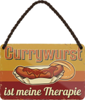 4252024258295		 ''Currywurst ist meine Therapie''
Schilderstore24 Blechschilder sind perfekt als Geschenk zu Weihnachten, Geburtstage, Feiern, Partys, Grillabende, Partykeller, diät, snack, mahlzei, rezept, wasser Lebensmittel Burger Tee Grill crepes teigware süßigkeit essen grill wurst pommes döner fisch pizza