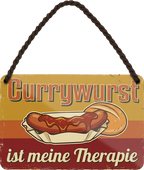 4252024258295		 ''Currywurst ist meine Therapie''
Schilderstore24 Blechschilder sind perfekt als Geschenk zu Weihnachten, Geburtstage, Feiern, Partys, Grillabende, Partykeller, diät, snack, mahlzei, rezept, wasser Lebensmittel Burger Tee Grill crepes teigware süßigkeit essen grill wurst pommes döner fisch pizza
