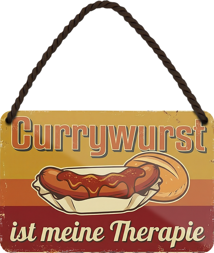 4252024258295		 ''Currywurst ist meine Therapie''
Schilderstore24 Blechschilder sind perfekt als Geschenk zu Weihnachten, Geburtstage, Feiern, Partys, Grillabende, Partykeller, diät, snack, mahlzei, rezept, wasser Lebensmittel Burger Tee Grill crepes teigware süßigkeit essen grill wurst pommes döner fisch pizza