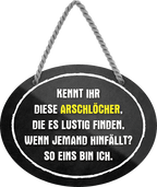 4252024245042	Schilderstore24	 ''Arschlöcher die es lustig finden wenn hinfällt. ICH'' Schilderstore24 Blechschilder sind perfekt als Geschenk zu Weihnachten, Geburtstage, Feiern, Partys, Grillabende, Namenstag, Feiertag, Mädelsabend, Hochzeit. Jederzeit stilvoll im Wohnzimmer, Partykeller, Garage, Praxis, Büro, Café, Hauseingang Sarkasmus Ironie Funny Schwarzer Humor faul dumm fun rente lästern teufel