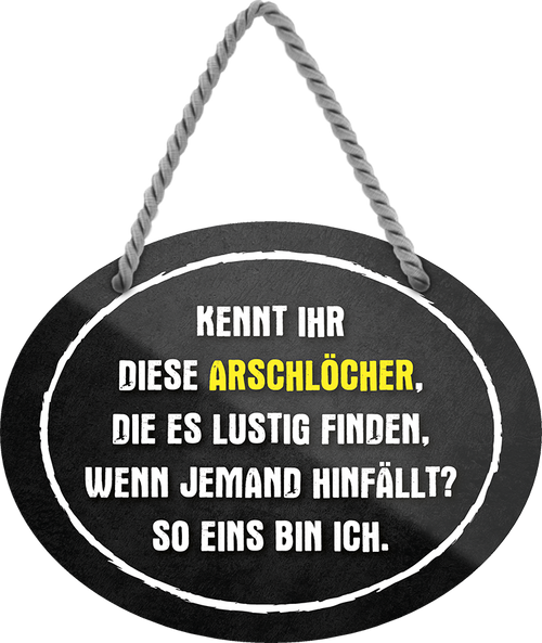 4252024245042	Schilderstore24	 ''Arschlöcher die es lustig finden wenn hinfällt. ICH'' Schilderstore24 Blechschilder sind perfekt als Geschenk zu Weihnachten, Geburtstage, Feiern, Partys, Grillabende, Namenstag, Feiertag, Mädelsabend, Hochzeit. Jederzeit stilvoll im Wohnzimmer, Partykeller, Garage, Praxis, Büro, Café, Hauseingang Sarkasmus Ironie Funny Schwarzer Humor faul dumm fun rente lästern teufel