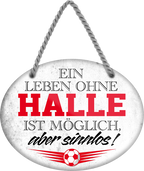 4252024247343	Schilderstore24	 ''Ein Leben ohne Halle ist sinnlos'' Schilderstore24 Blechschilder sind perfekt als Geschenk zu Weihnachten, Geburtstage, Feiern, Partys, Grillabende, Namenstag, Feiertag, Mädelsabend, Hochzeit. Jederzeit stilvoll im Wohnzimmer, Partykeller, Garage, Praxis, Büro, Café, Hauseingang Fußball Mannschaft Verein Bolzen Ball sport liga kicken stadion freizeit