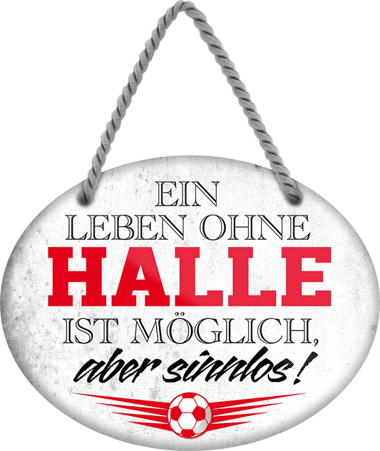 4252024247343	Schilderstore24	 ''Ein Leben ohne Halle ist sinnlos'' Schilderstore24 Blechschilder sind perfekt als Geschenk zu Weihnachten, Geburtstage, Feiern, Partys, Grillabende, Namenstag, Feiertag, Mädelsabend, Hochzeit. Jederzeit stilvoll im Wohnzimmer, Partykeller, Garage, Praxis, Büro, Café, Hauseingang Fußball Mannschaft Verein Bolzen Ball sport liga kicken stadion freizeit